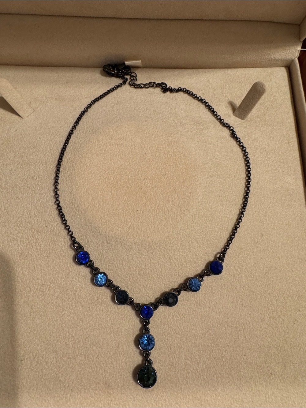 Monet Blue Crystal Y-Drop Necklace with Dark Chain